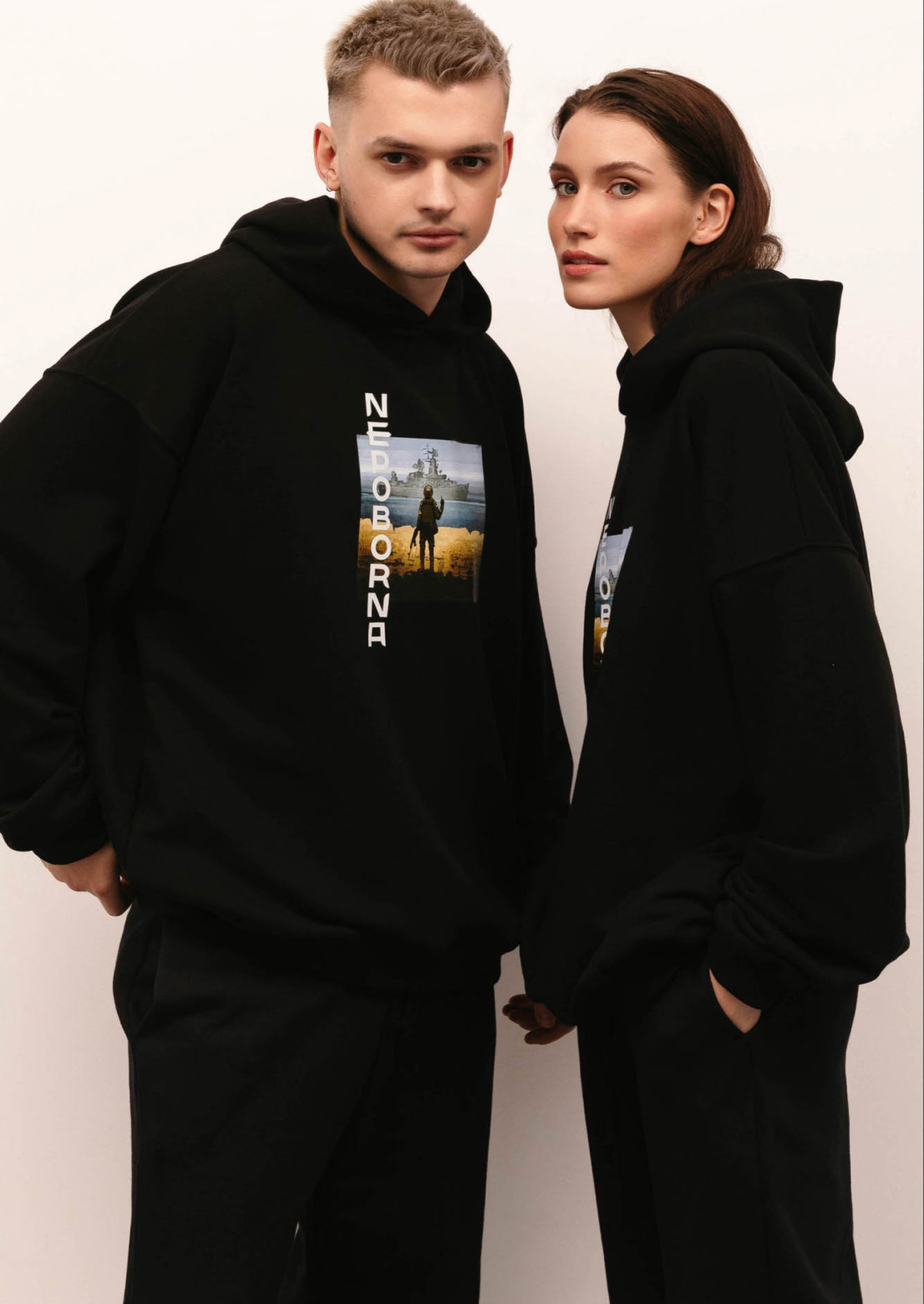 Black color unisex three-thread hoodie with print "NEPOBORNA" 